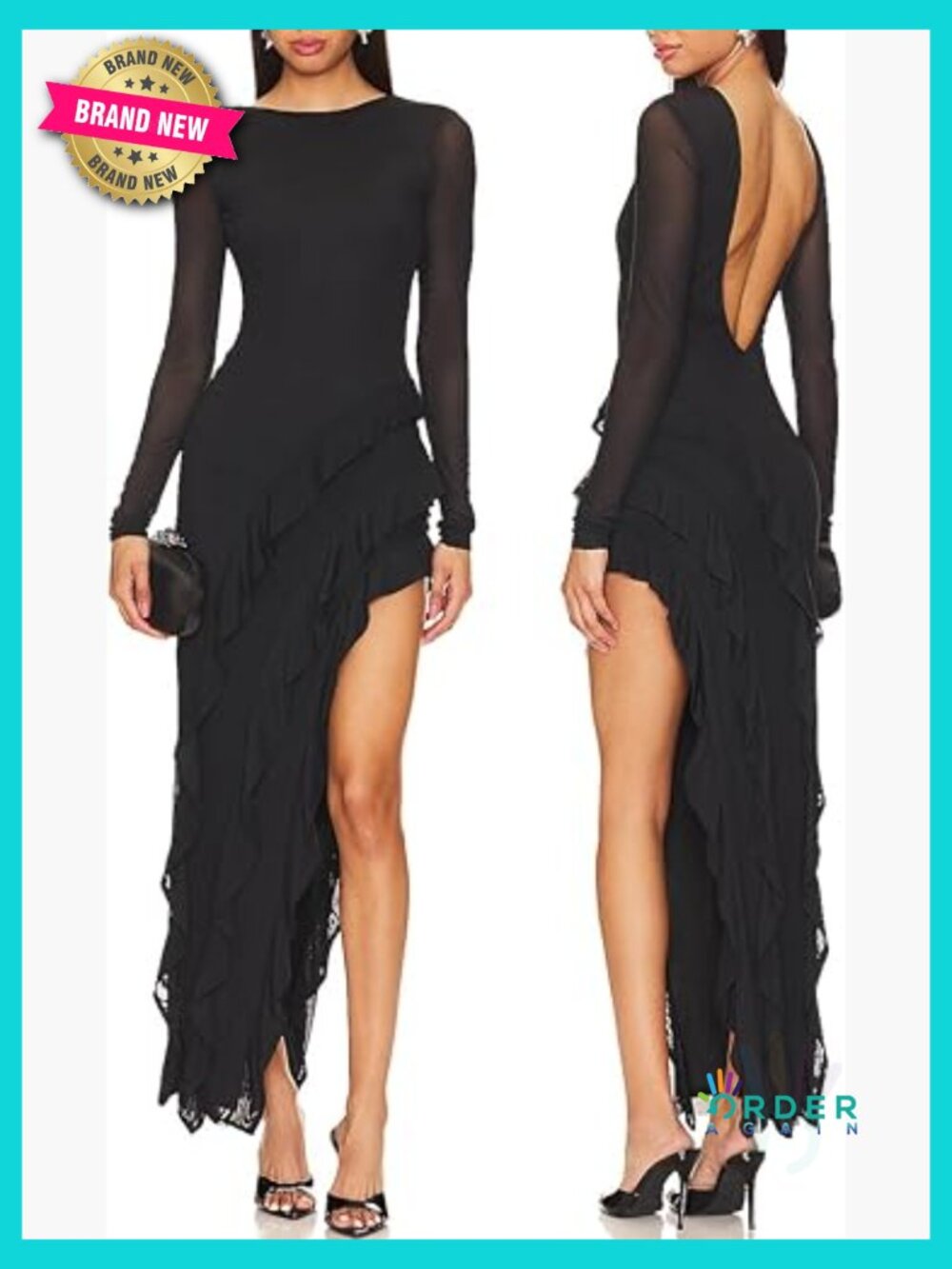 Long Sleeve Backless Maxi Dress Mesh Tassel Ruffle Side Split Bodycon Evening